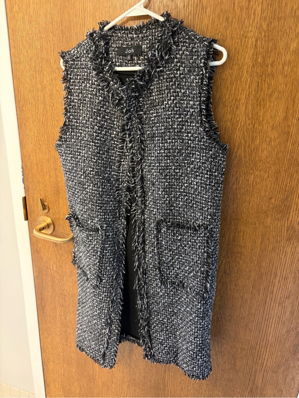 Oh Sleeveless Tweed Long Vest - Black & White Textured Weave